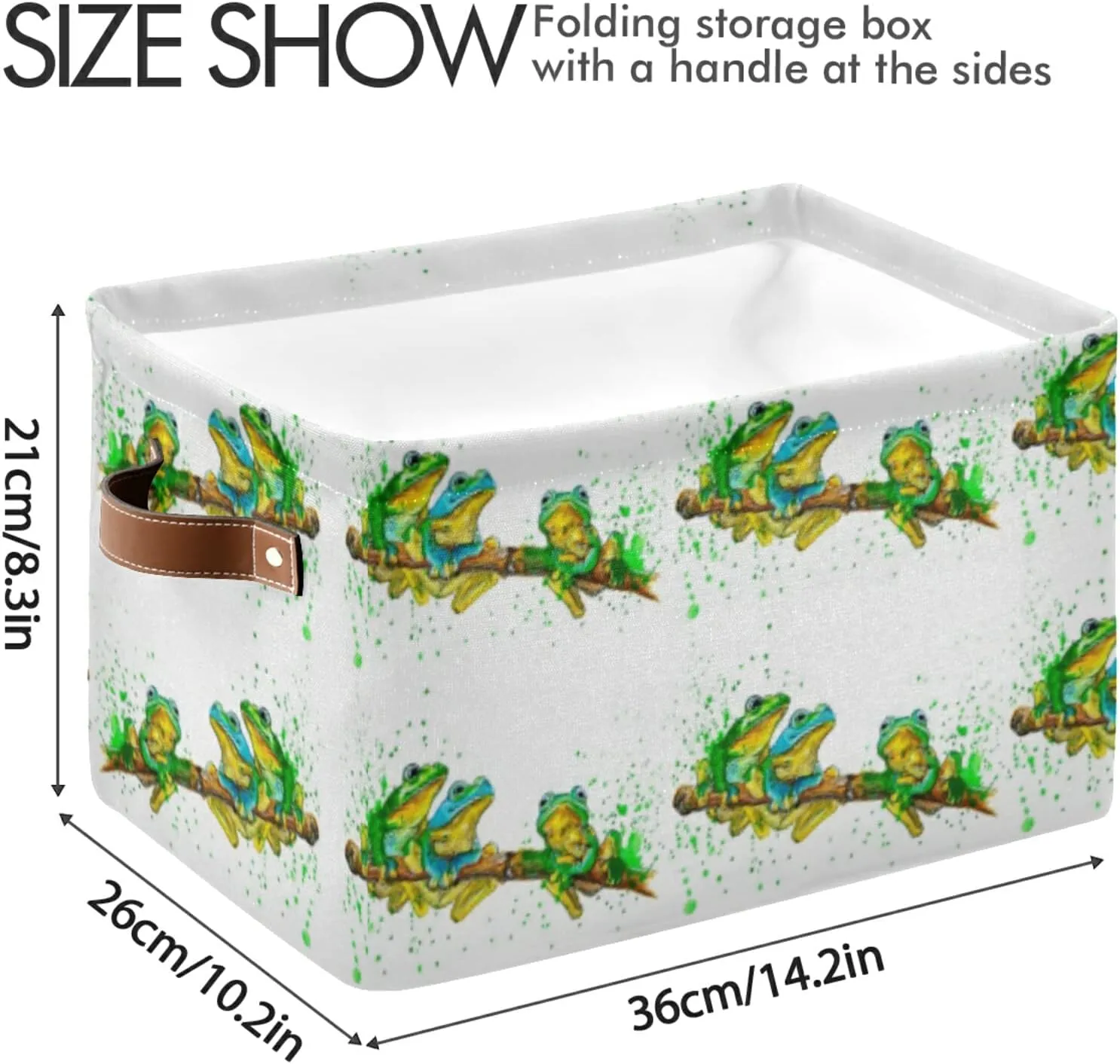 Oyihfvs Watercolor Exotic Green Frogs with Splashes on White 2 PC Rectangle Storage Basket Collapsible Fabric with Leather Handles Bag Organizer Clothes for Home Bedroom 15 x 11 x 9.5 in