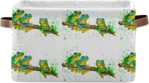 Oyihfvs Watercolor Exotic Green Frogs with Splashes on White 2 PC Rectangle Storage Basket Collapsible Fabric with Leather Handles Bag Organizer Clothes for Home Bedroom 15 x 11 x 9.5 in