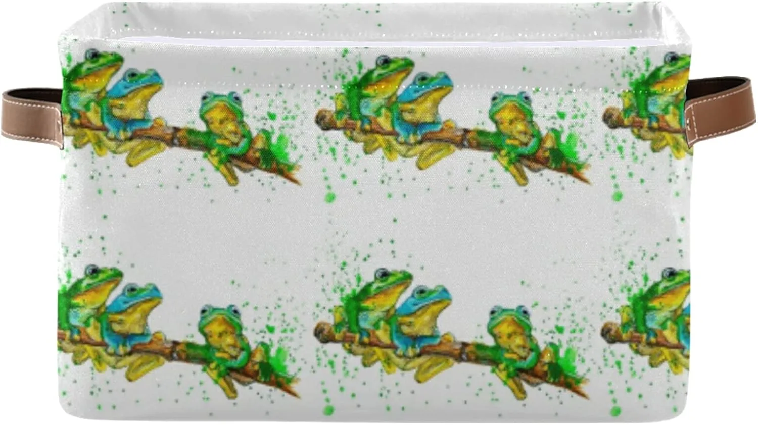 Oyihfvs Watercolor Exotic Green Frogs with Splashes on White 2 PC Rectangle Storage Basket Collapsible Fabric with Leather Handles Bag Organizer Clothes for Home Bedroom 15 x 11 x 9.5 in