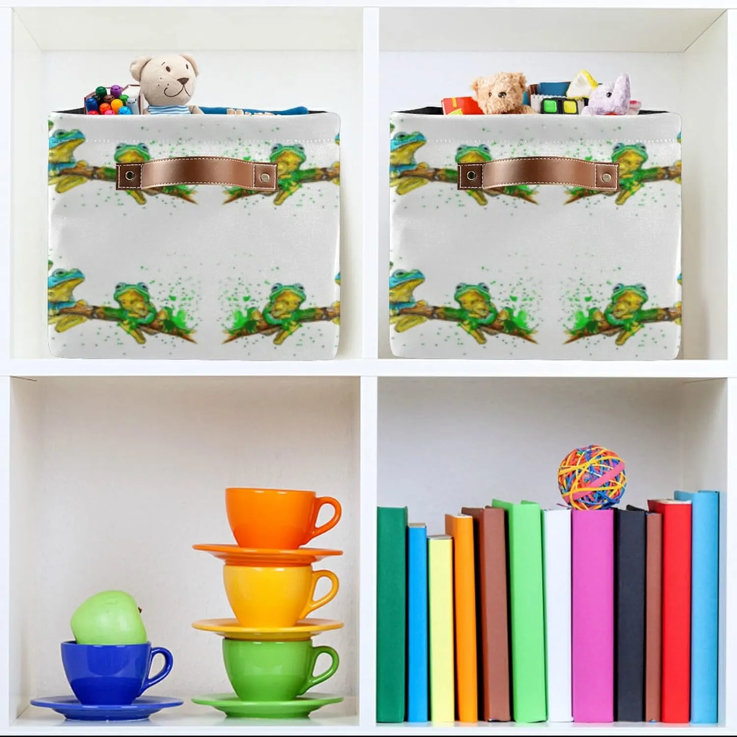 Oyihfvs Watercolor Exotic Green Frogs with Splashes on White 2 PC Rectangle Storage Basket Collapsible Fabric with Leather Handles Bag Organizer Clothes for Home Bedroom 15 x 11 x 9.5 in