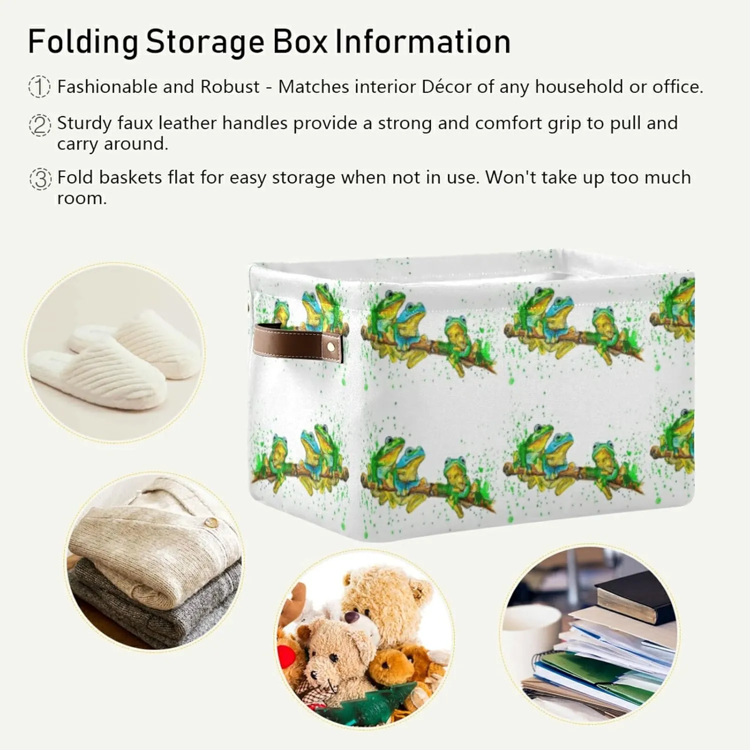 Oyihfvs Watercolor Exotic Green Frogs with Splashes on White 2 PC Rectangle Storage Basket Collapsible Fabric with Leather Handles Bag Organizer Clothes for Home Bedroom 15 x 11 x 9.5 in