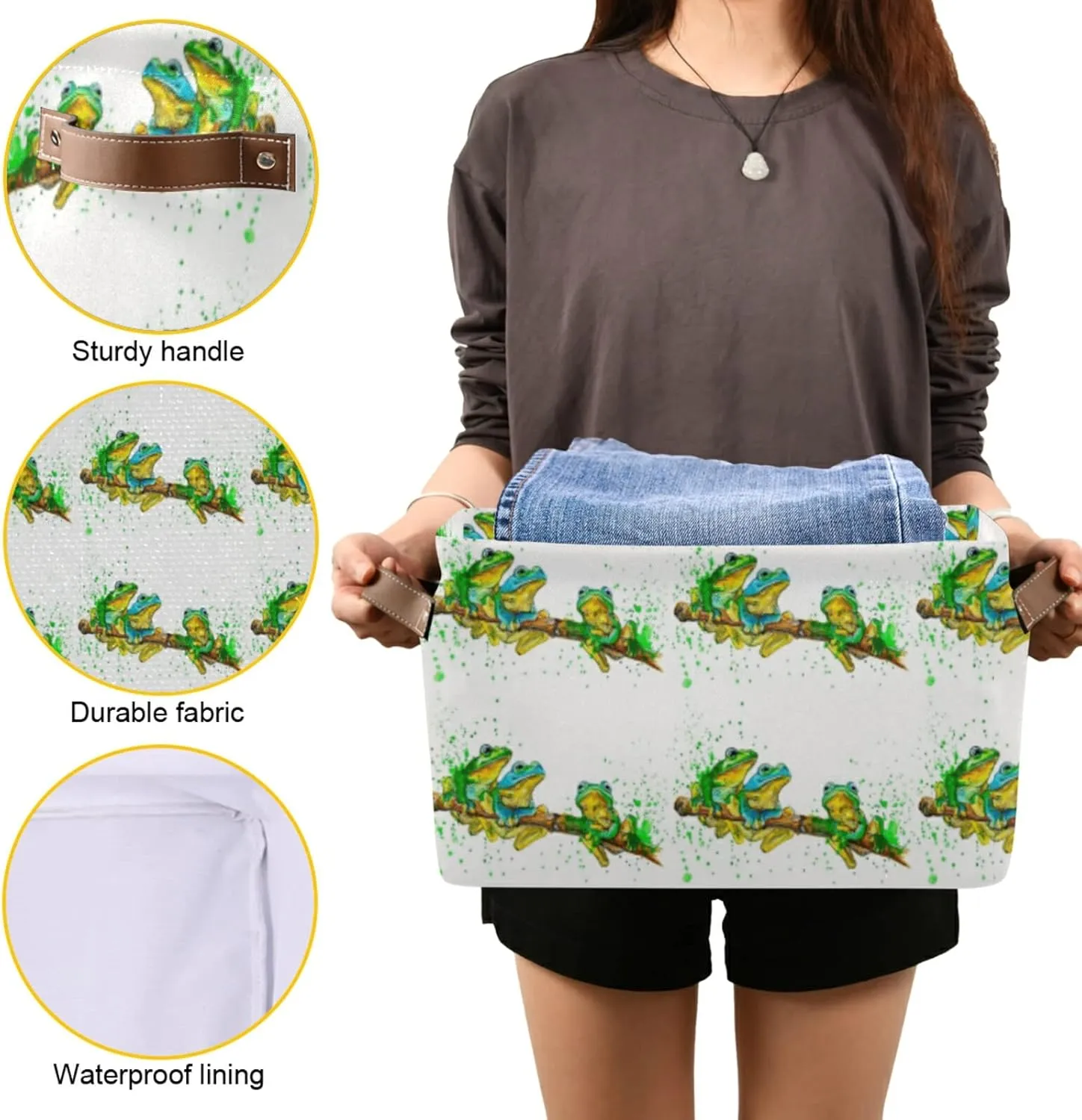 Oyihfvs Watercolor Exotic Green Frogs with Splashes on White 2 PC Rectangle Storage Basket Collapsible Fabric with Leather Handles Bag Organizer Clothes for Home Bedroom 15 x 11 x 9.5 in