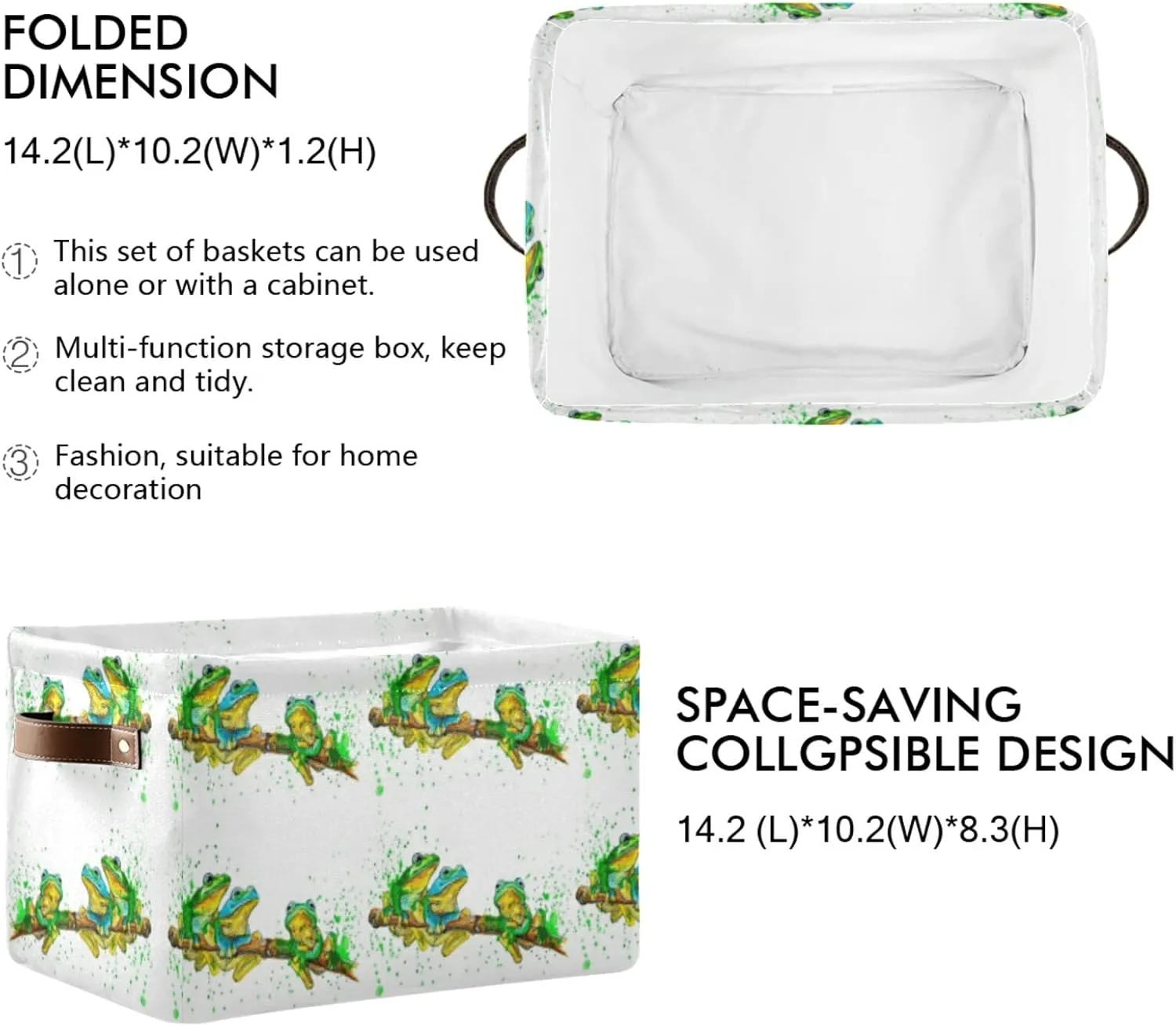 Oyihfvs Watercolor Exotic Green Frogs with Splashes on White 2 PC Rectangle Storage Basket Collapsible Fabric with Leather Handles Bag Organizer Clothes for Home Bedroom 15 x 11 x 9.5 in