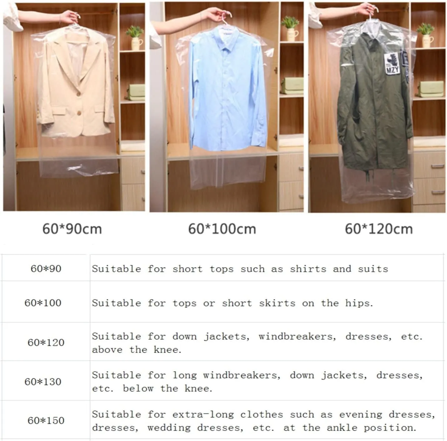 Pack of 100 Garment Bag, Transparent Suit Bag,Clothing Dust Cover, Gown and Dress Dustproof Waterproof Storage Bag 60 × 130 cm