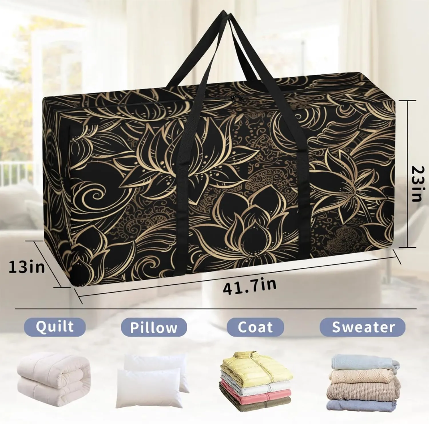 Packing Bags for Moving, Extra Large Moving Bags Heavy Duty, 205L Storage Bag with Zipper, Storage Totes Movings Supplies, Duffle Bag Waterproof Storage Containers for Organizing (Golden Lotus)
