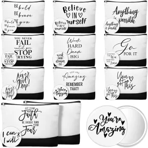 Paterr 20 Pcs Employee Appreciation Gifts Bulk for Women 10 Inspirational Canvas Makeup Bags with Zipper and 10 Mini Compact Mirrors Thank You Gifts for Assistant Student Teacher Nurse(Motivational)