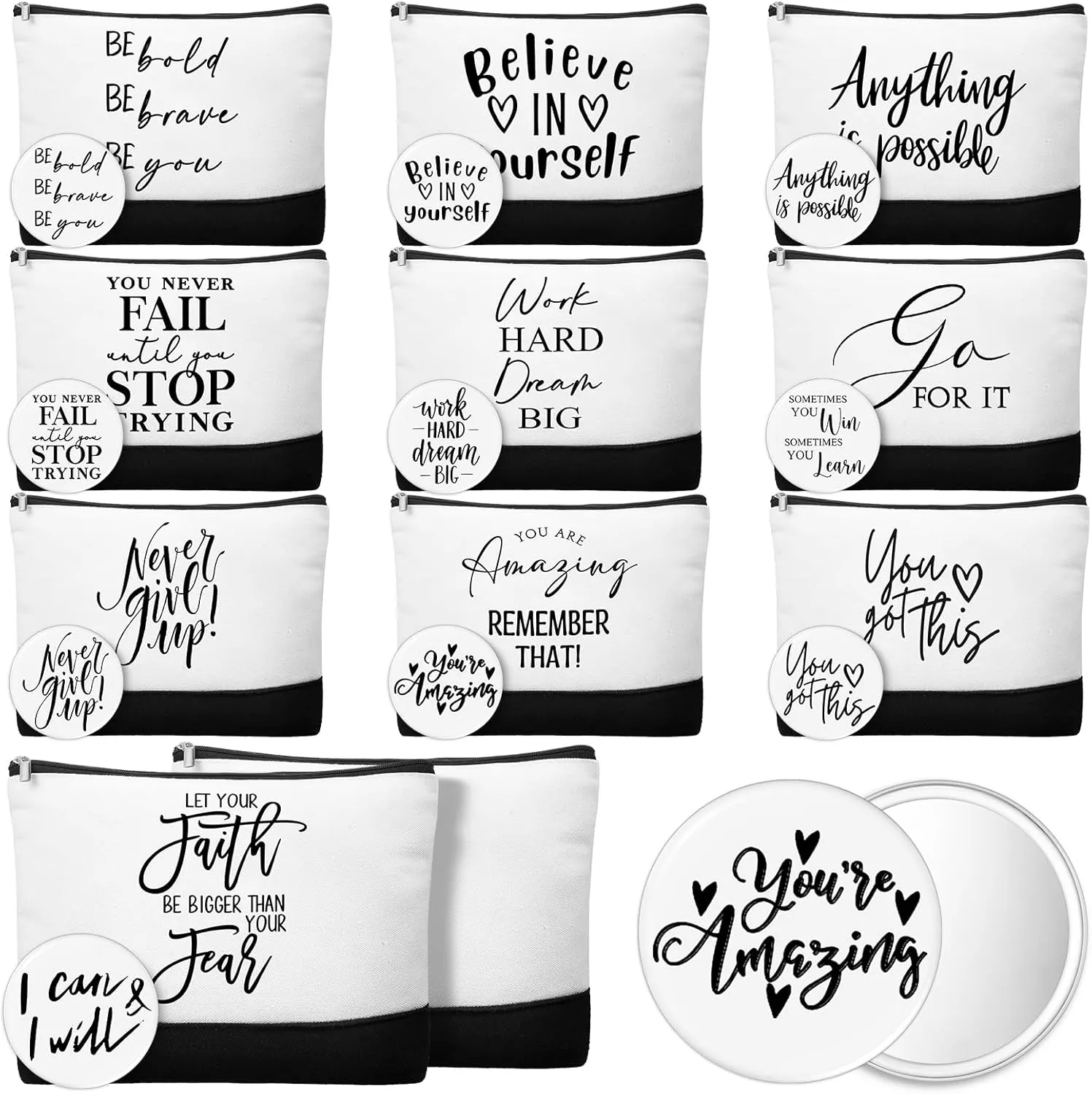 Paterr 20 Pcs Employee Appreciation Gifts Bulk for Women 10 Inspirational Canvas Makeup Bags with Zipper and 10 Mini Compact Mirrors Thank You Gifts for Assistant Student Teacher Nurse(Motivational)