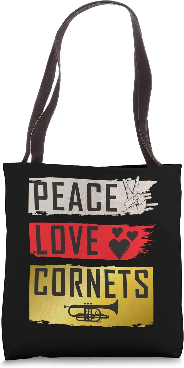 Peace Love Cornets Musical Instruments Cornets Music Players Tote Bag