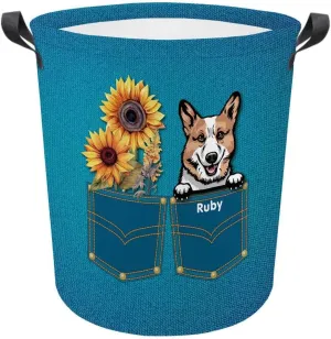 Personalized Sunflower Laundry Basket Pembroke Welsh Corgi Dog Bathroom Cloth Bag Custom Dog Name Storage Basket.