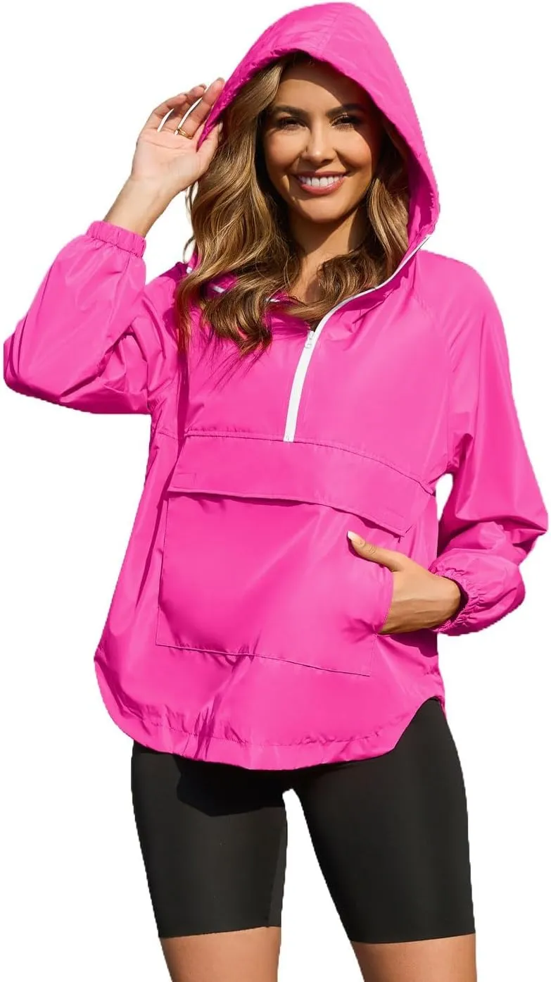 PESION Womens Packable Waterproof Raincoat Lightweight Rain Jacket, Running Cycling Hiking Windbreaker Pullover Jackets