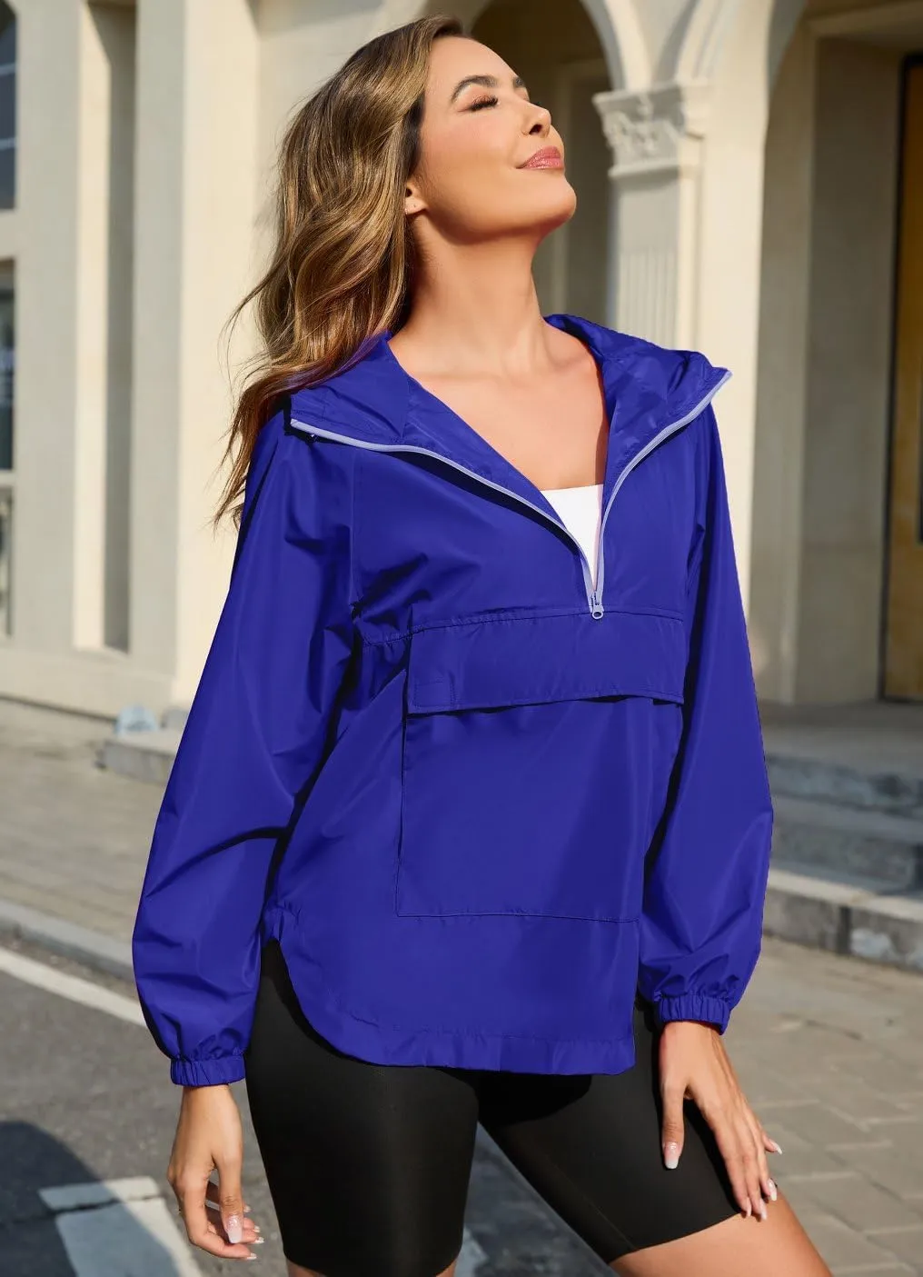 PESION Womens Packable Waterproof Raincoat Lightweight Rain Jacket, Running Cycling Hiking Windbreaker Pullover Jackets