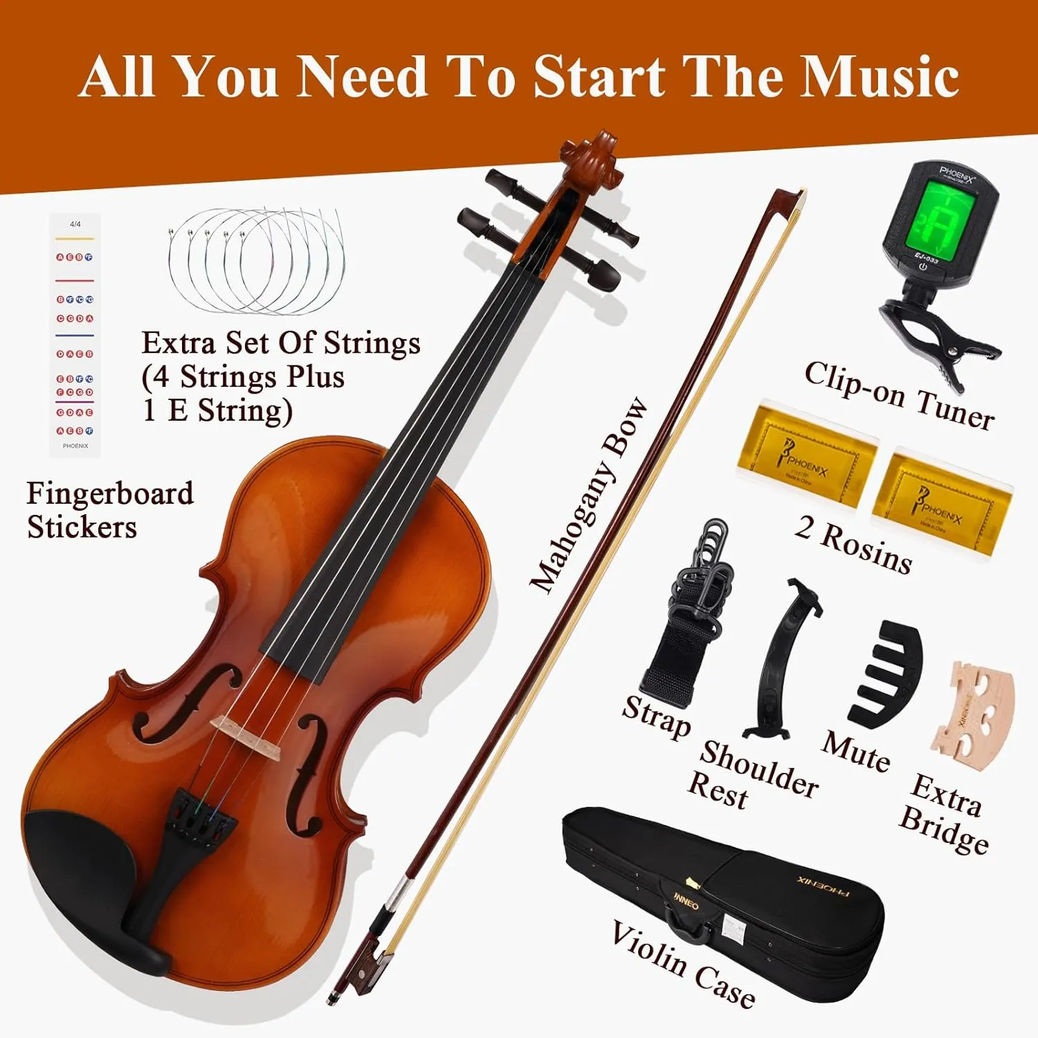 PHOENIX Violin 4/4 Full Size Kit, Violin Fiddle Set for Beginner Adults Student with Rosewood Bow, Extra Strings & Bridge, 2 Rosins, Tuner, Case, Mute, Fingerboard Stickers, Shoulder Rest (Full)
