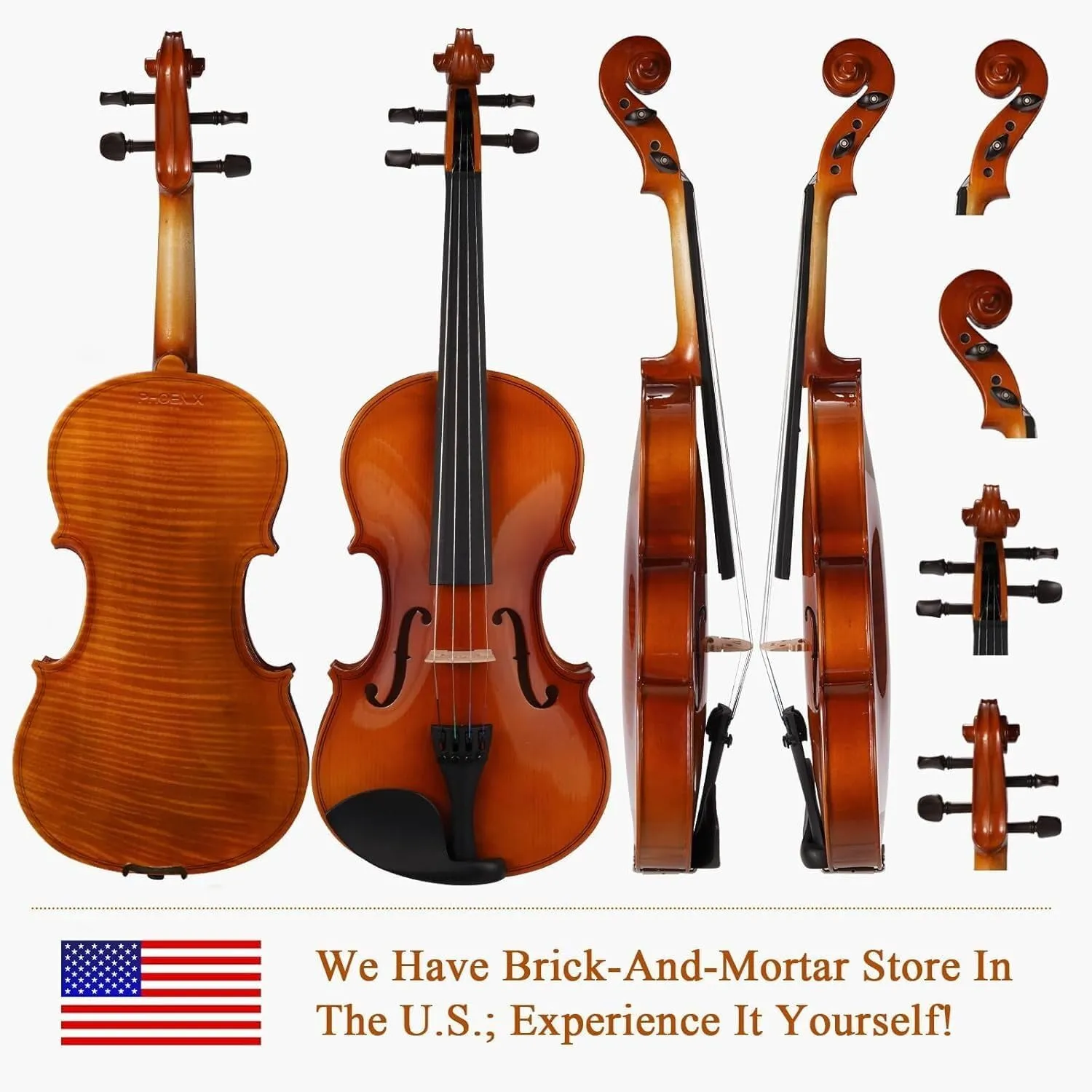PHOENIX Violin 4/4 Full Size Kit, Violin Fiddle Set for Beginner Adults Student with Rosewood Bow, Extra Strings & Bridge, 2 Rosins, Tuner, Case, Mute, Fingerboard Stickers, Shoulder Rest (Full)