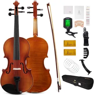 PHOENIX Violin 4/4 Full Size Kit, Violin Fiddle Set for Beginner Adults Student with Rosewood Bow, Extra Strings & Bridge, 2 Rosins, Tuner, Case, Mute, Fingerboard Stickers, Shoulder Rest (Full)