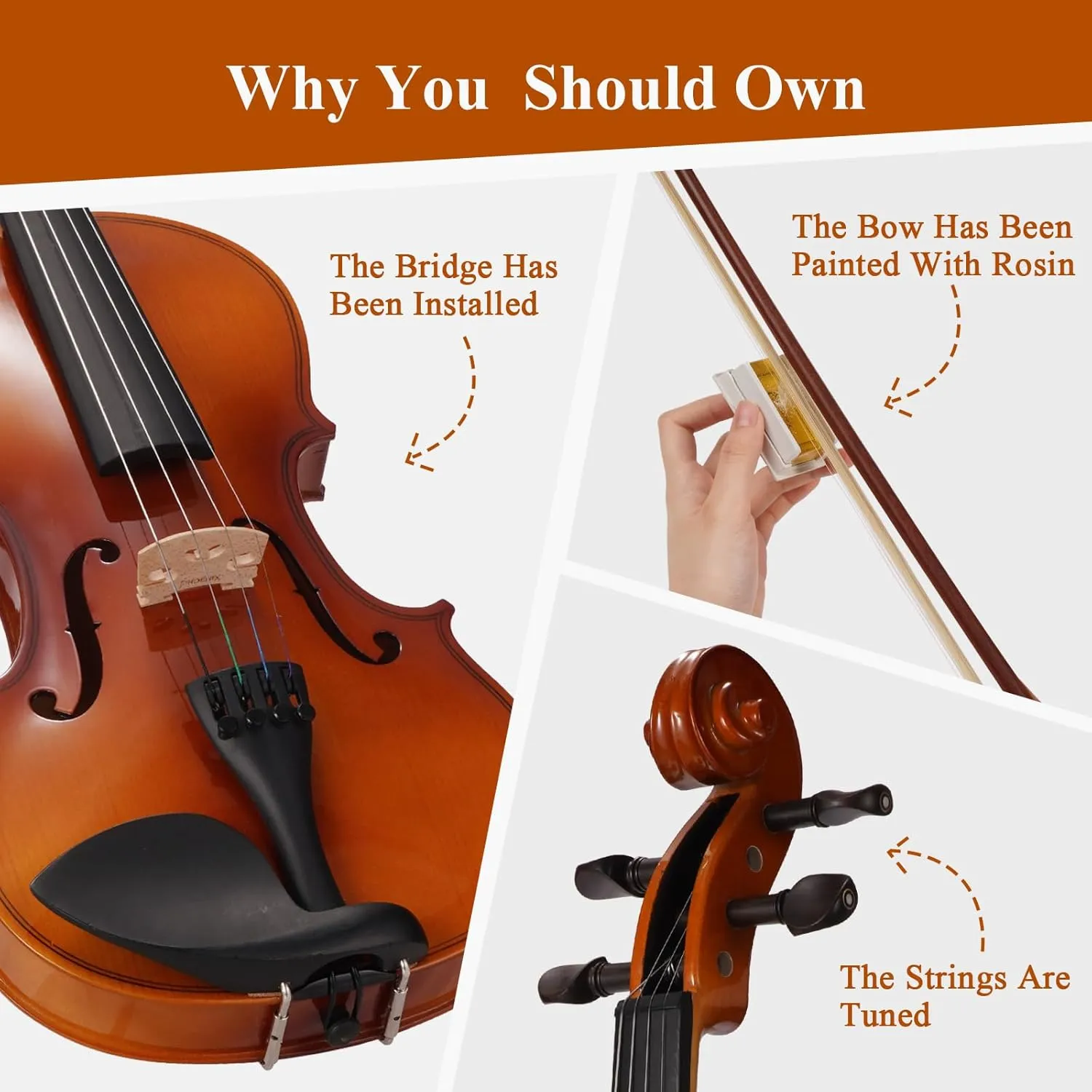 PHOENIX Violin 4/4 Full Size Kit, Violin Fiddle Set for Beginner Adults Student with Rosewood Bow, Extra Strings & Bridge, 2 Rosins, Tuner, Case, Mute, Fingerboard Stickers, Shoulder Rest (Full)