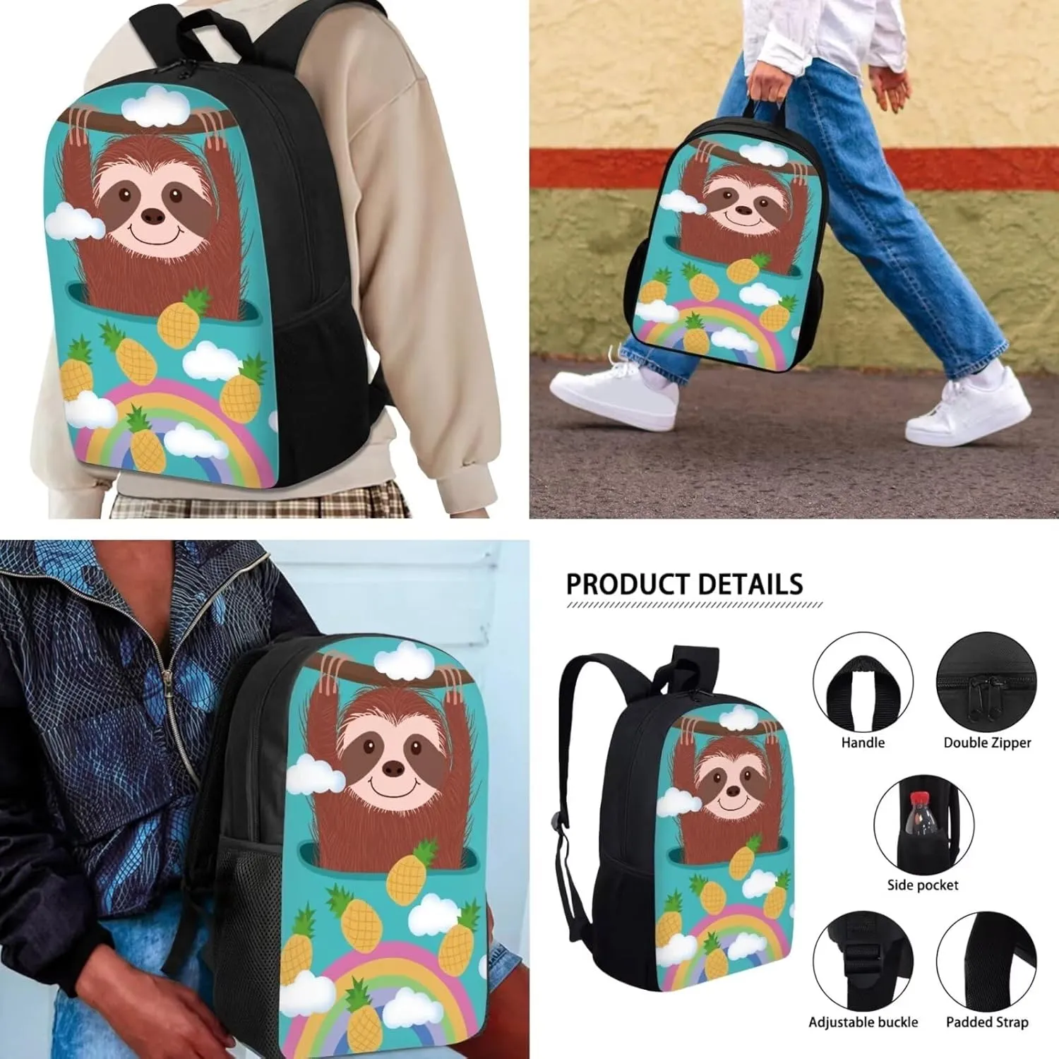 Pineapple Sloth Rainbow Younger Student Backpack Lunch Bags Pencil Case for School & Travel 3pcs Acceptable Picture Customization for Boys Girls