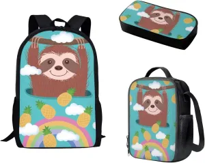 Pineapple Sloth Rainbow Younger Student Backpack Lunch Bags Pencil Case for School & Travel 3pcs Acceptable Picture Customization for Boys Girls