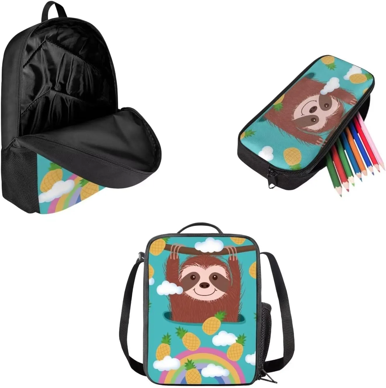 Pineapple Sloth Rainbow Younger Student Backpack Lunch Bags Pencil Case for School & Travel 3pcs Acceptable Picture Customization for Boys Girls