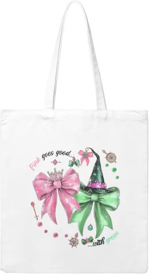 Pink Goes Good with Green Elphaba & Glinda Musical Tote Bag Fans Gift Popular Shoulder Bag Popular Witch Merch Women's Tote (White)