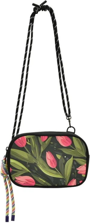 Pink Tulipa Green Leaves Flat Illustration Style Small Black Crossbody Purse Women Comfort with Credit Card Slots Shoulder Bag Date carteras para mujer elegantes