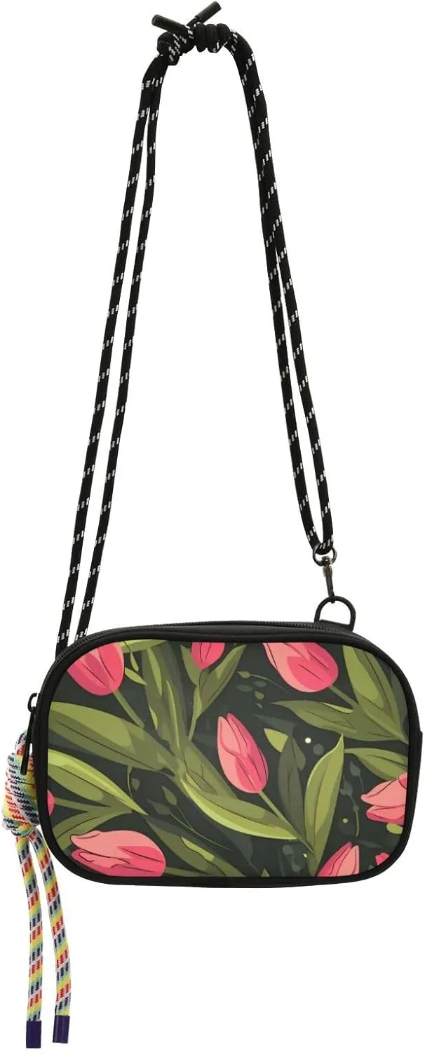 Pink Tulipa Green Leaves Flat Illustration Style Small Black Crossbody Purse Women Comfort with Credit Card Slots Shoulder Bag Date carteras para mujer elegantes