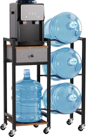 Portin 5 Gallon Water Jug Holder with Drawers, Heavy Duty Water Jug Stand with Storage Shelves and Wheels, Leak-Proof Design 5 Gal Water Bottle Holder, Water Dispenser Stand for Kitchen Living Room