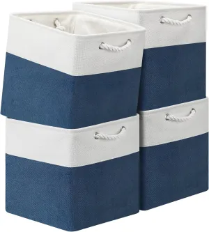 Posprica Storage Cubes 13x13, Collapsible Storage Bins Organizer for Closet, Fabric Storage Box with Cotton Rope Handles, Decorative Storage Baskets for Shelves, Nursery, Toy, set of 4 - White/Blue