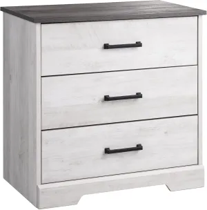 Prepac Rustic Ridge Farmhouse 3-Drawer Nightstand, Chest of Drawers for Bedroom, Wooden Bedroom Dresser with 3 Storage Drawers, 16.25in x 27.5in x 26.75in, Washed White