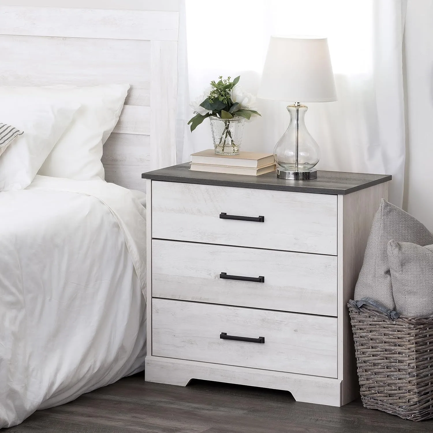 Prepac Rustic Ridge Farmhouse 3-Drawer Nightstand, Chest of Drawers for Bedroom, Wooden Bedroom Dresser with 3 Storage Drawers, 16.25in x 27.5in x 26.75in, Washed White