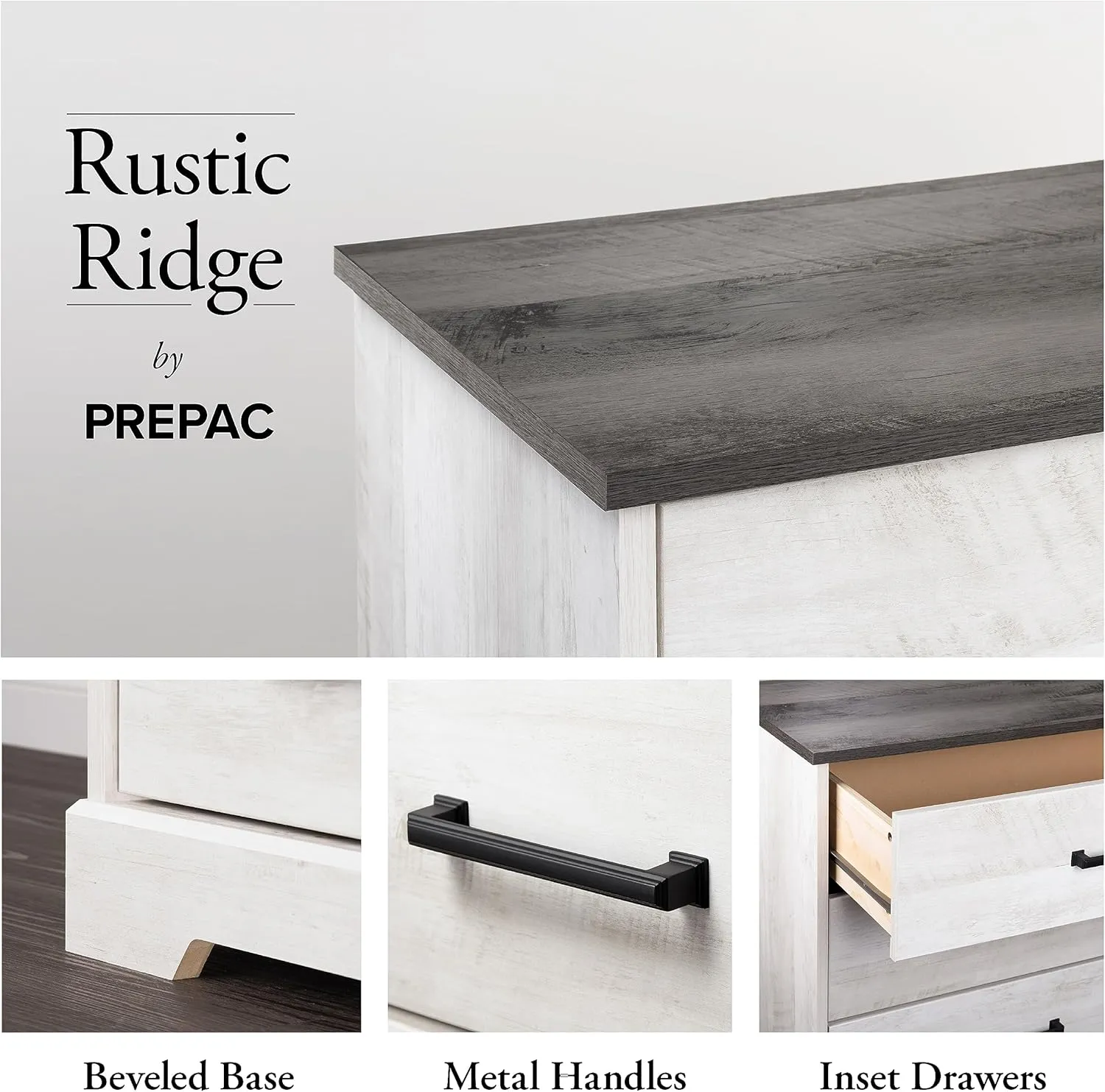 Prepac Rustic Ridge Farmhouse 3-Drawer Nightstand, Chest of Drawers for Bedroom, Wooden Bedroom Dresser with 3 Storage Drawers, 16.25in x 27.5in x 26.75in, Washed White