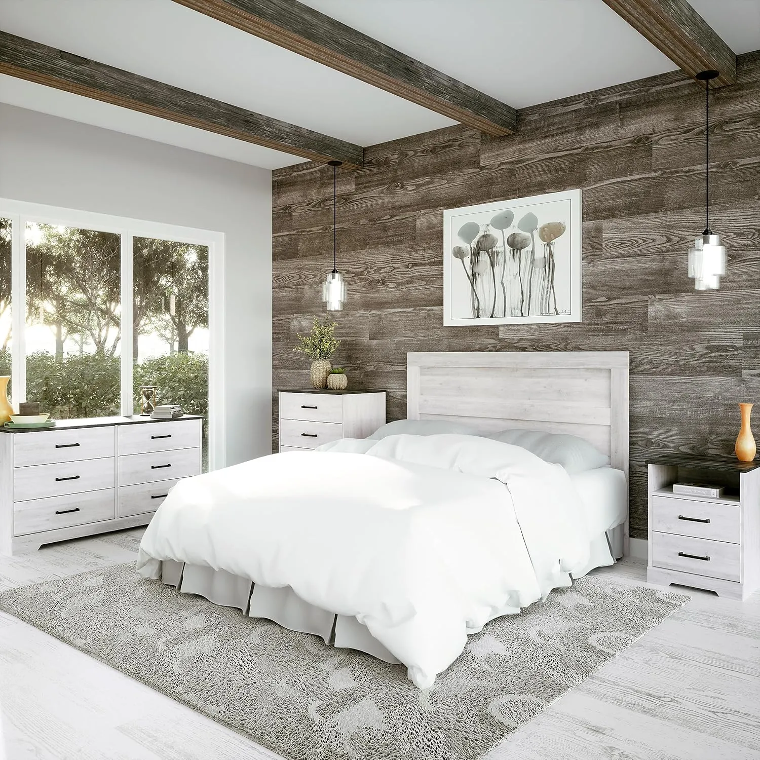 Prepac Rustic Ridge Farmhouse 3-Drawer Nightstand, Chest of Drawers for Bedroom, Wooden Bedroom Dresser with 3 Storage Drawers, 16.25in x 27.5in x 26.75in, Washed White