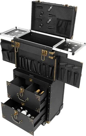 Professional Hairdressing Case Rolling Makeup Train Case Trolley Cosmetic Organizer Beauty Salon Luggage Tattoo Travel Case Tool Bag With 4Universal Wheels For Hairdresser Makeup Artist (Black)