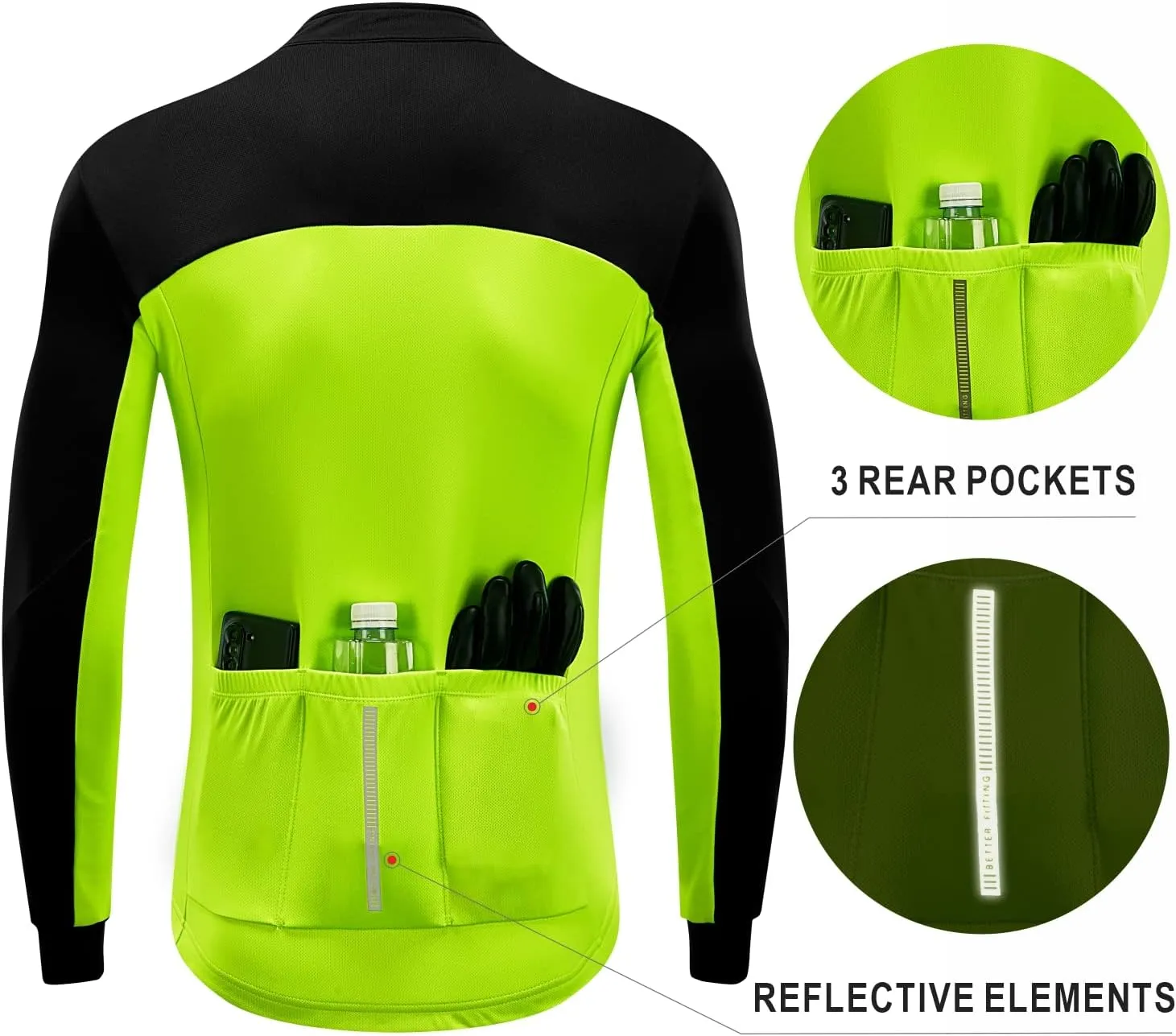 Przewalski Men's Cycling Jersey Winter Thermal Long Sleeve Fleece Cycling Jacket with 3 Rear Pockets