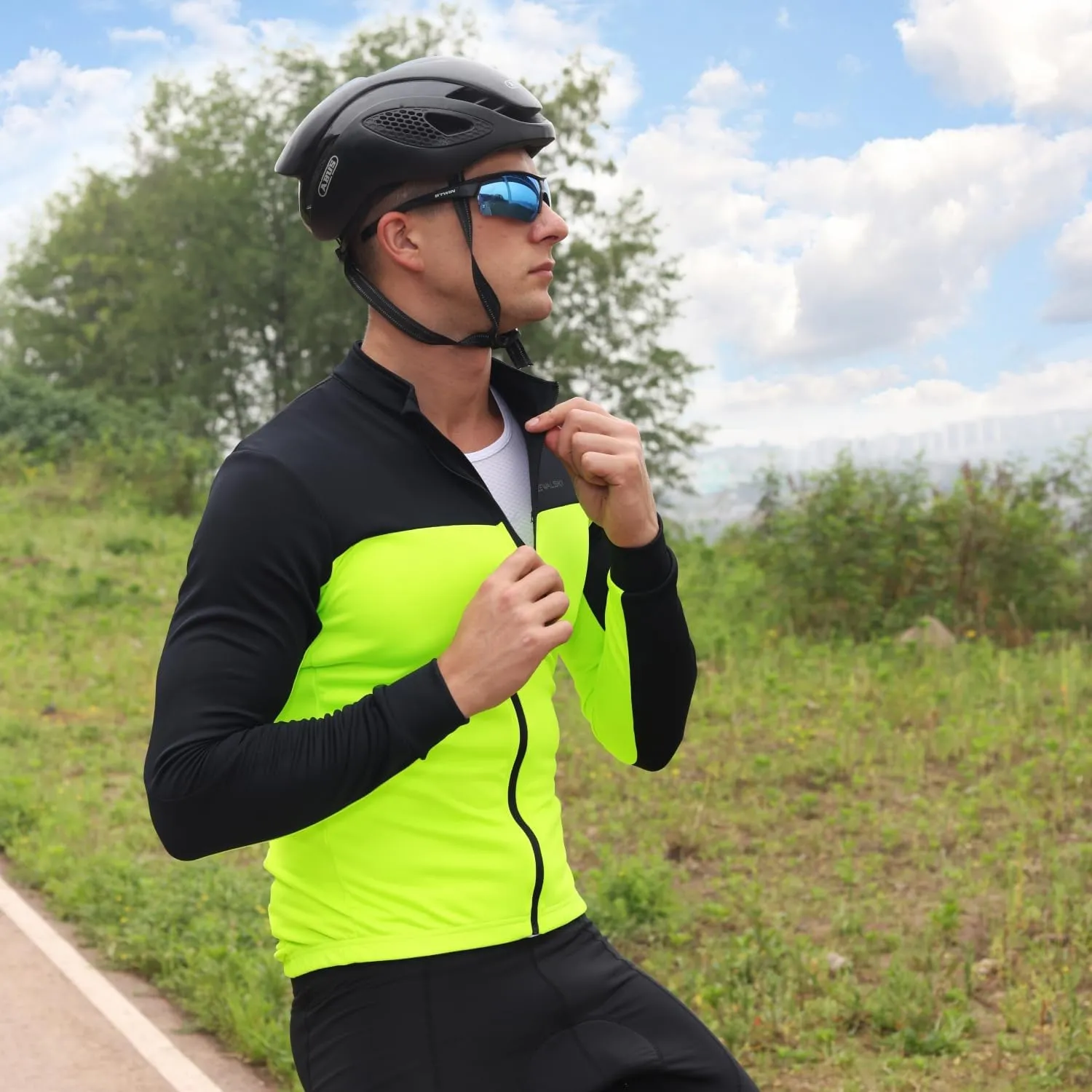 Przewalski Men's Cycling Jersey Winter Thermal Long Sleeve Fleece Cycling Jacket with 3 Rear Pockets