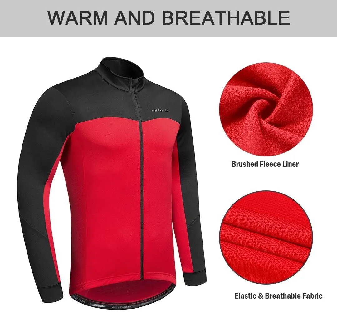 Przewalski Men's Cycling Jersey Winter Thermal Long Sleeve Fleece Cycling Jacket with 3 Rear Pockets