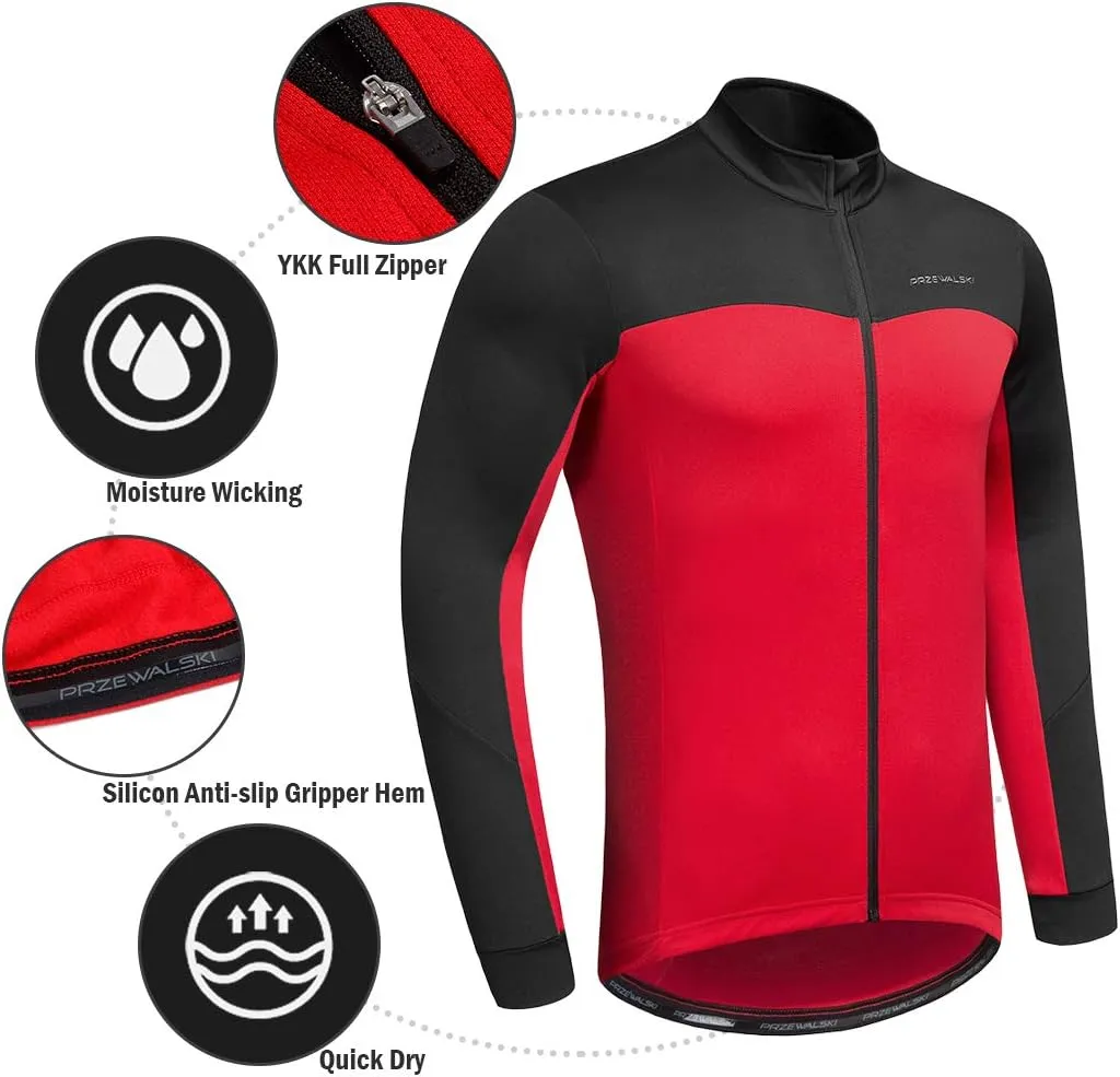 Przewalski Men's Cycling Jersey Winter Thermal Long Sleeve Fleece Cycling Jacket with 3 Rear Pockets