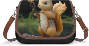 PU Leather Crossbody Bag,Resin Squirrel Print Shoulder Bag,Flapover Crossbody Bag