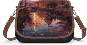 PU Leather Crossbody Bag,Rome Sunset Print Shoulder Bag,Flapover Crossbody Bag