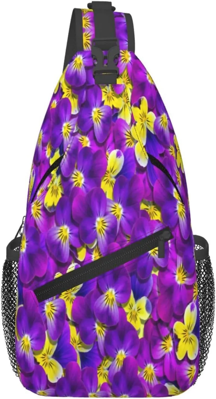 Purple Yellow Violet Flowers Floral Cross Chest Bag Diagonally Hiking Crossbody Bag Travel Shoulder Daypack Lightweight Sling Backpack Cycling Daypacks Fitness Chest Backpacks