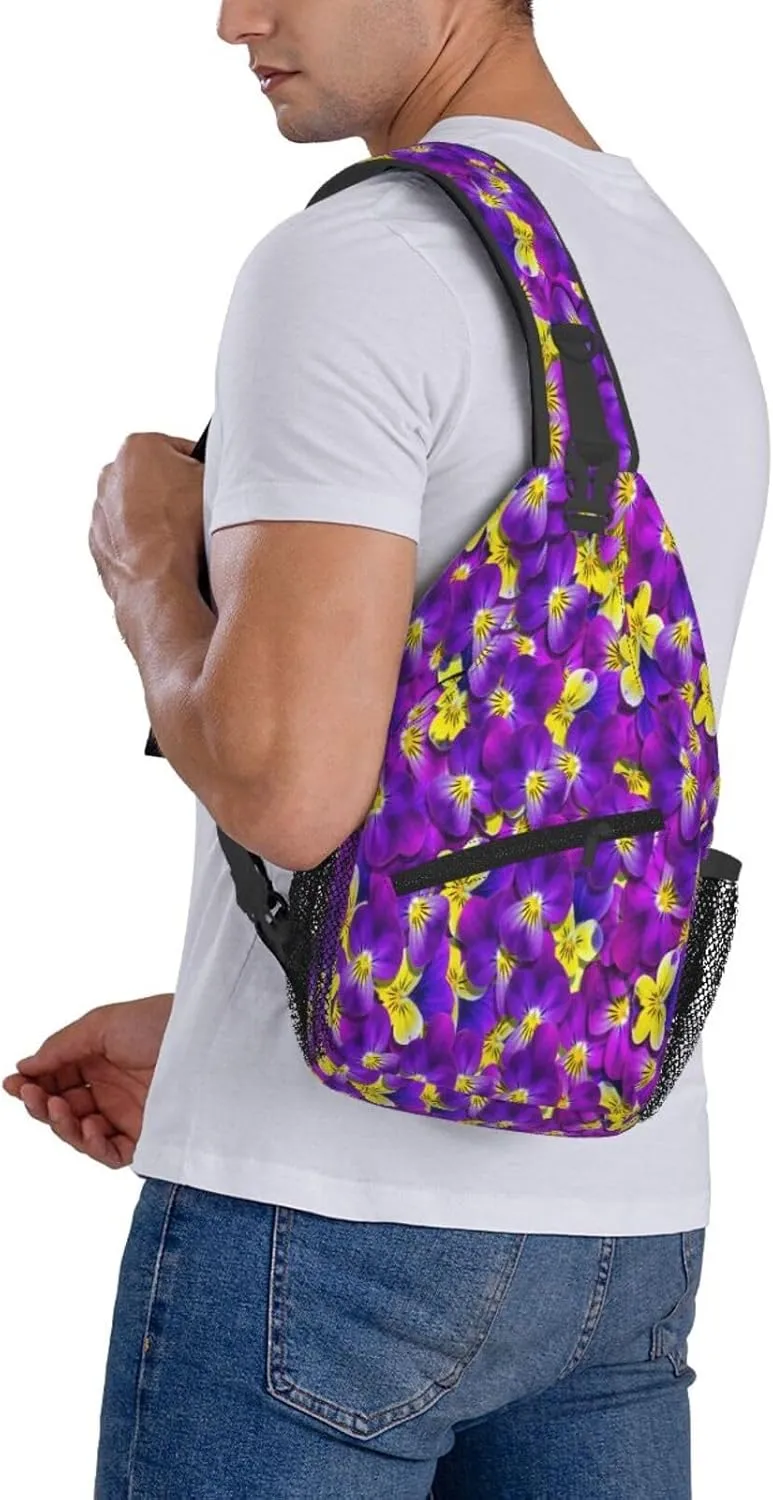 Purple Yellow Violet Flowers Floral Cross Chest Bag Diagonally Hiking Crossbody Bag Travel Shoulder Daypack Lightweight Sling Backpack Cycling Daypacks Fitness Chest Backpacks