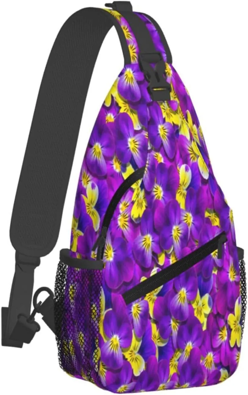 Purple Yellow Violet Flowers Floral Cross Chest Bag Diagonally Hiking Crossbody Bag Travel Shoulder Daypack Lightweight Sling Backpack Cycling Daypacks Fitness Chest Backpacks