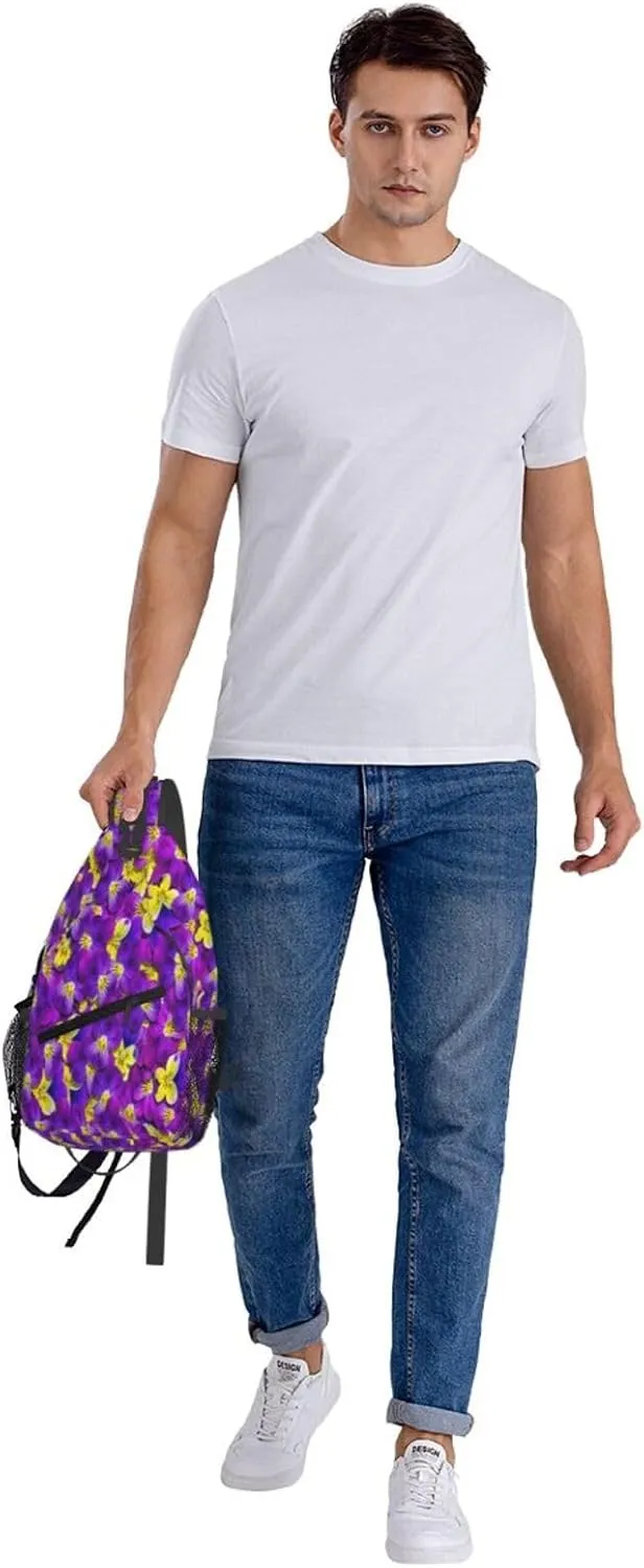 Purple Yellow Violet Flowers Floral Cross Chest Bag Diagonally Hiking Crossbody Bag Travel Shoulder Daypack Lightweight Sling Backpack Cycling Daypacks Fitness Chest Backpacks