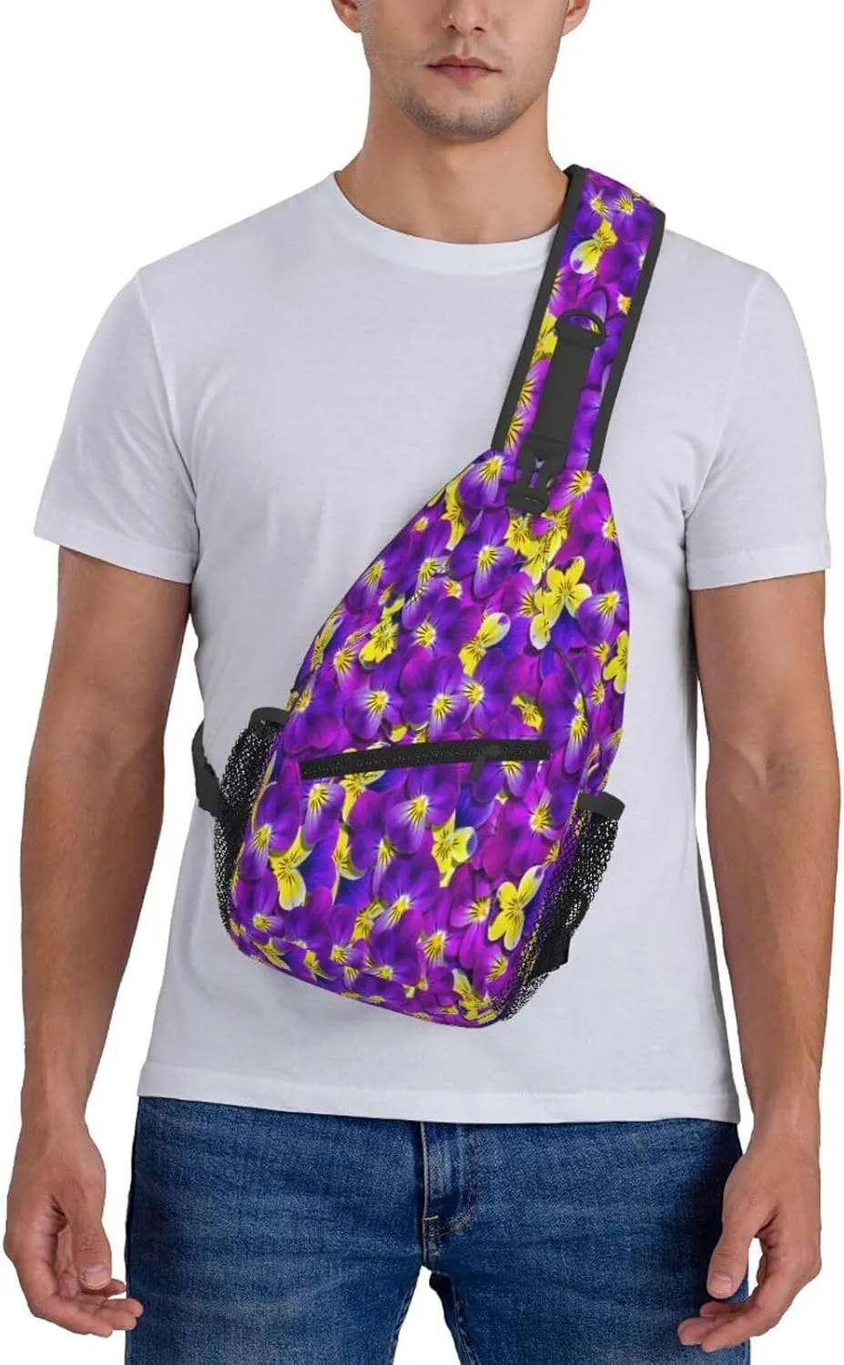 Purple Yellow Violet Flowers Floral Cross Chest Bag Diagonally Hiking Crossbody Bag Travel Shoulder Daypack Lightweight Sling Backpack Cycling Daypacks Fitness Chest Backpacks