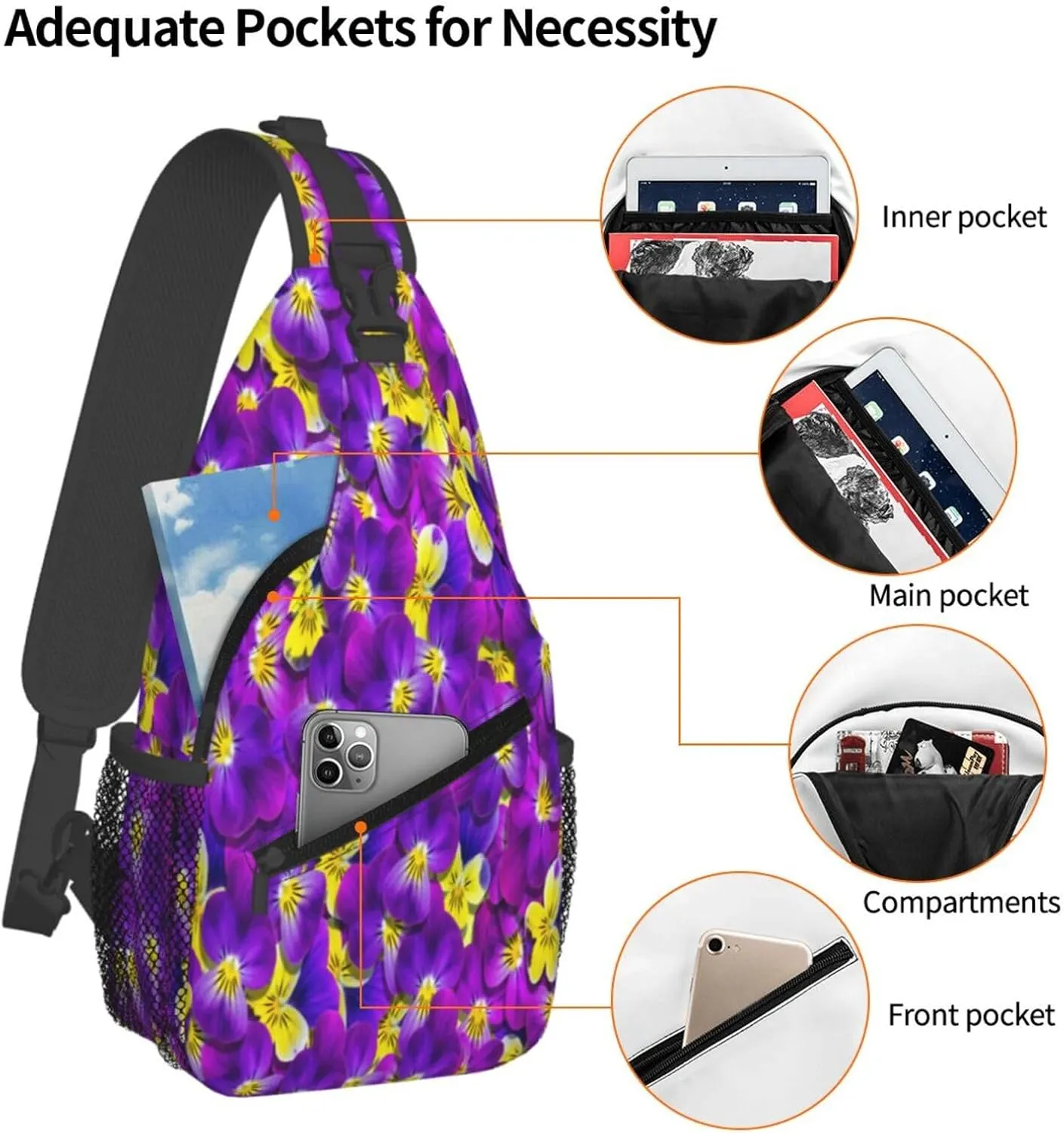 Purple Yellow Violet Flowers Floral Cross Chest Bag Diagonally Hiking Crossbody Bag Travel Shoulder Daypack Lightweight Sling Backpack Cycling Daypacks Fitness Chest Backpacks