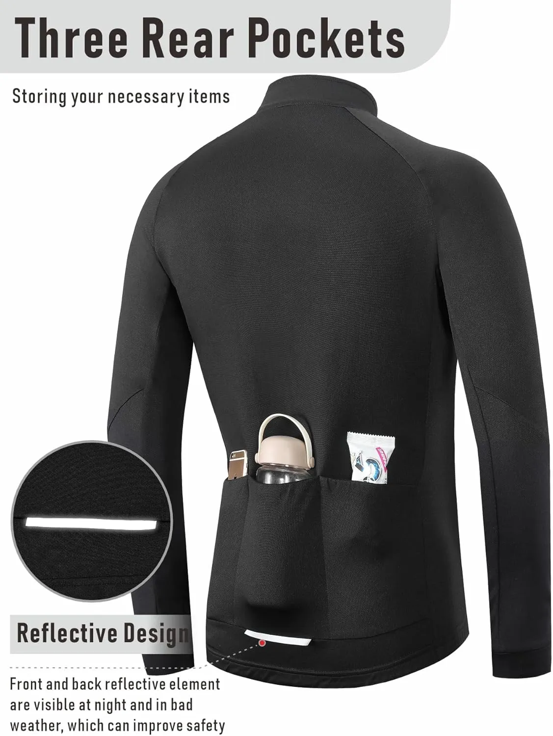 qualidyne Men's Thermal Cycling Jersey Long Sleeve Winter 3 Pockets Bike Fleece Jackets Windproof Reflevtive Cold Weather