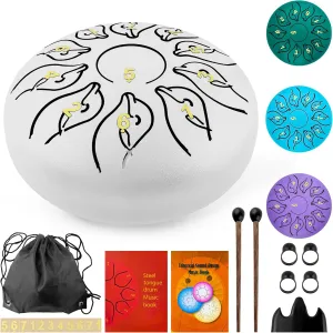 Rain Drum for Outside Garden, 6 Inches 11 Notes Steel Tongue Drum Rain Chimes Musical Sound Healing Instruments with Soft Rubber Mallets, Music Book, Storage Bag, White