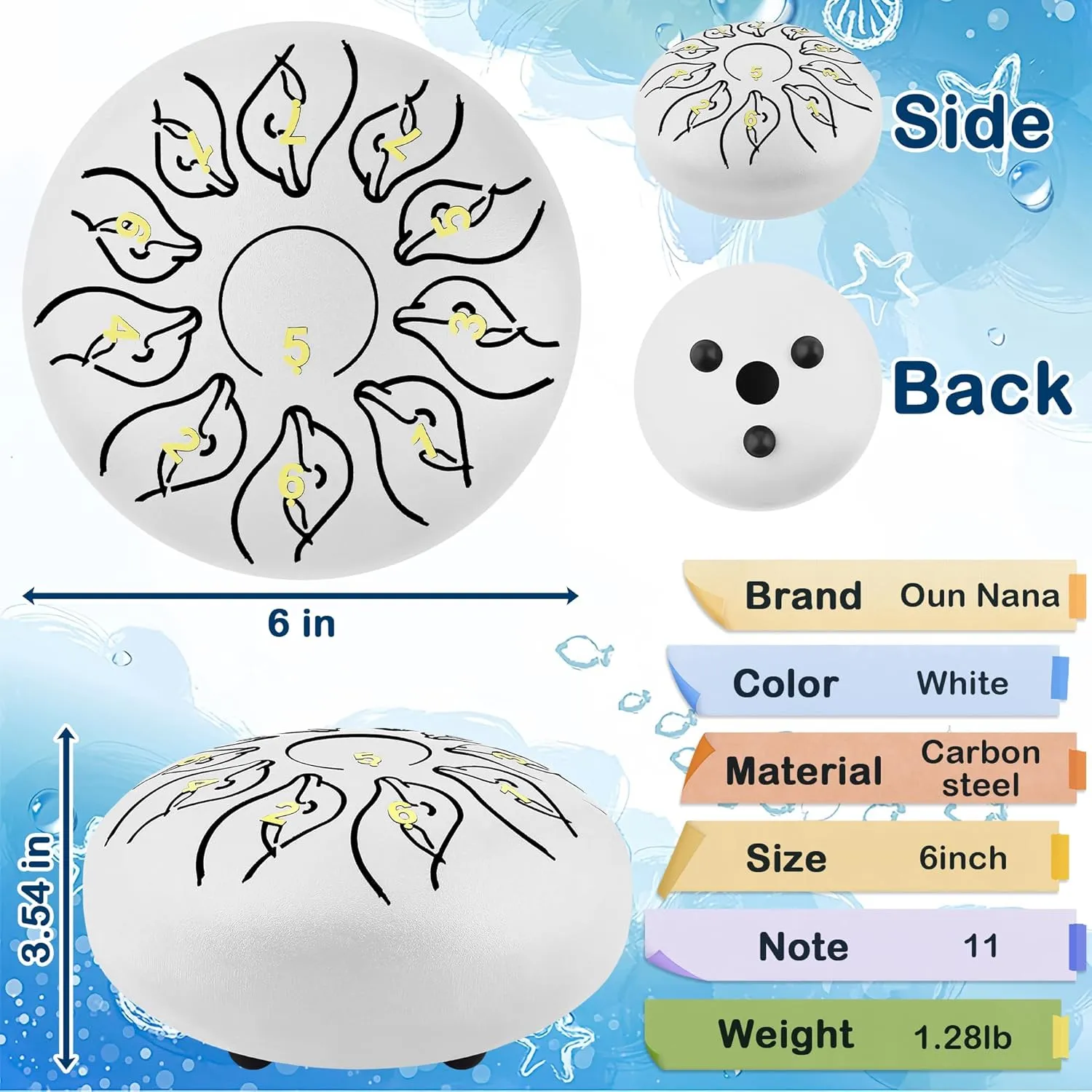 Rain Drum for Outside Garden, 6 Inches 11 Notes Steel Tongue Drum Rain Chimes Musical Sound Healing Instruments with Soft Rubber Mallets, Music Book, Storage Bag, White