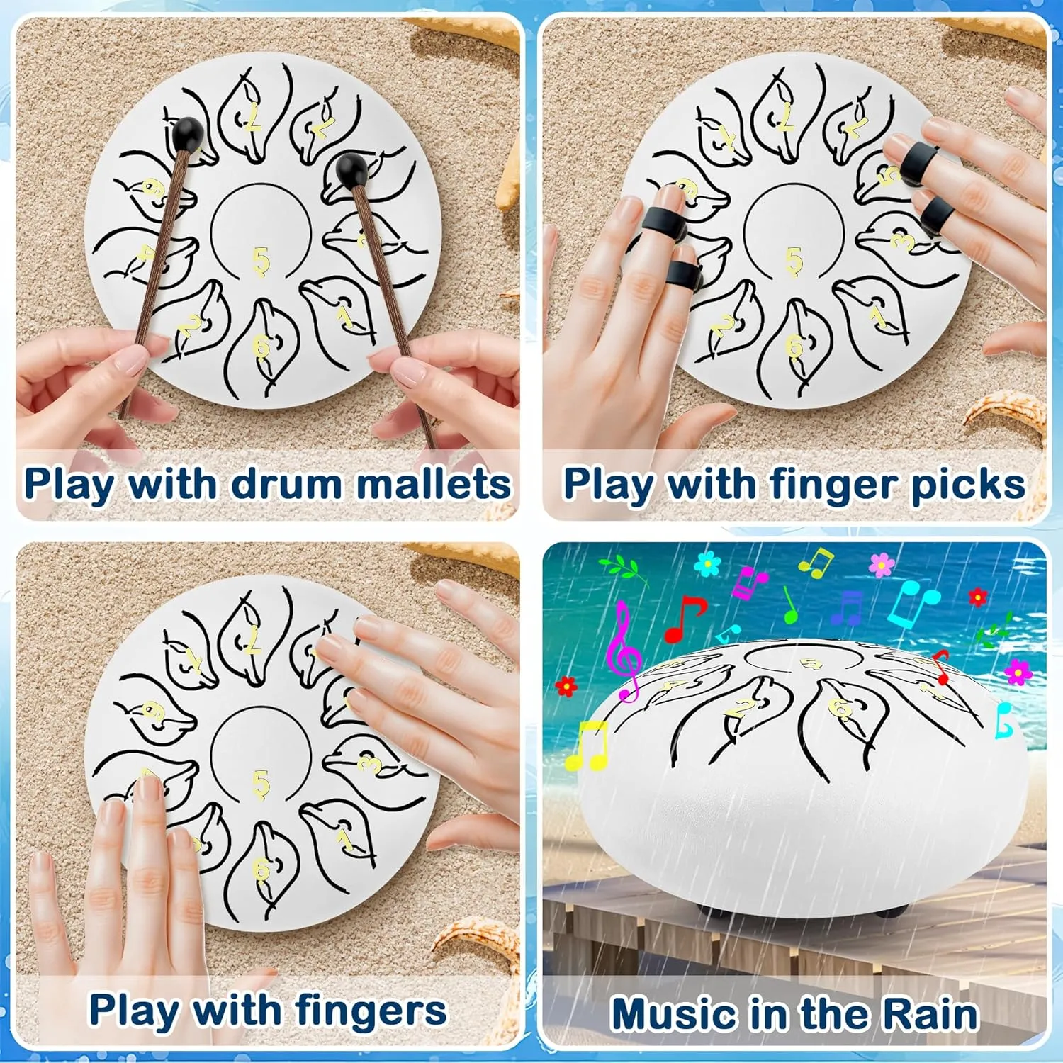 Rain Drum for Outside Garden, 6 Inches 11 Notes Steel Tongue Drum Rain Chimes Musical Sound Healing Instruments with Soft Rubber Mallets, Music Book, Storage Bag, White