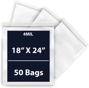 Reclosable Zip Poly Bags, 4Mil 18" X 24" & 50 Bags | Low-Density Polyethylene (LDPE), Durable Poly Baggies | Plastic Zip Lock Storage for Food, Jewelry, Small Parts, and More