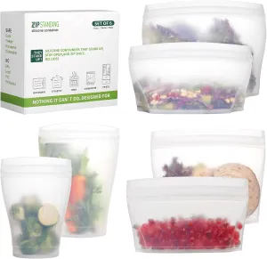 Reusable food container, silicone bag, 6 Pcs Zip Containers Can be used for fruit and vegetable snacks, etc. Microwave Dishwasher and Freezer Usable (white)